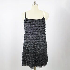 Free People Rows of Ruffles Dress Black Glitter Cascade Ruffle Slip Dress M NWOT